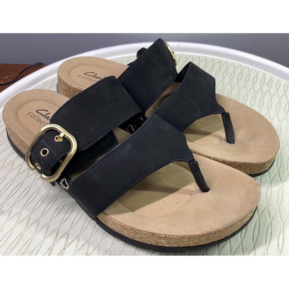 Clarks Women's Black Nubuck Leather Sandals Slip-on Slide Shoes Adjustable Sz. 9